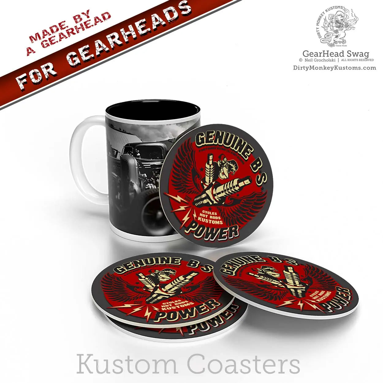 Kustom Hot Rod Coffee Coasters | Dirty Monkey Kustoms USA GearHead Apparel