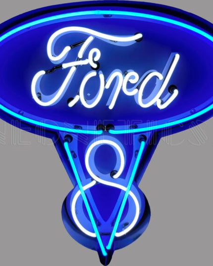 Ford V8 Blue & White Neon Sign In A Steel Can image 0