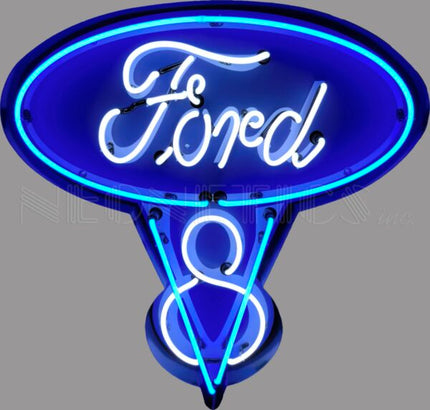 Ford V8 Blue & White Neon Sign In A Steel Can image 0