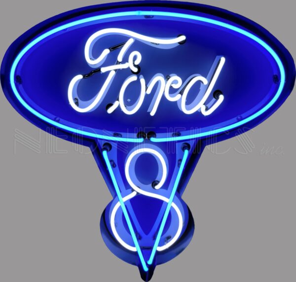 Ford V8 Blue & White Neon Sign In A Steel Can image 0