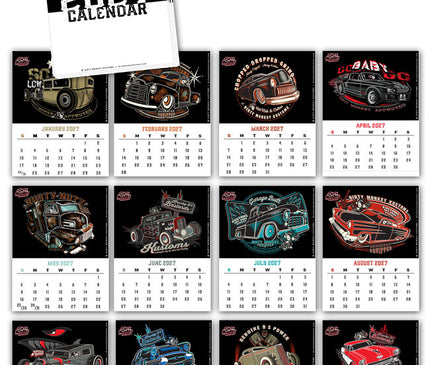 A 2027 hot-rod calendar. The calendar features hand  illustrated custom cars on black monthly backgrounds. All original art by © Neil Grocholski
