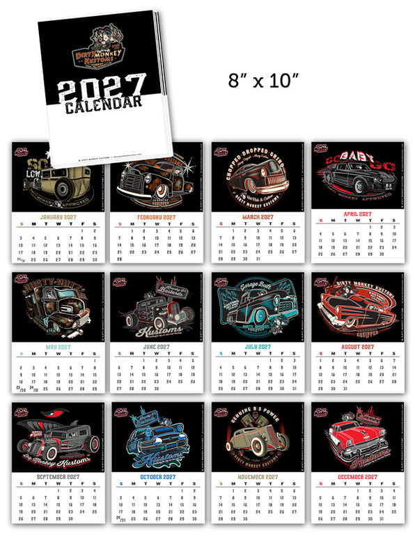 A 2027 hot-rod calendar. The calendar features hand  illustrated custom cars on black monthly backgrounds. All original art by © Neil Grocholski