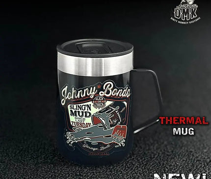 Johnny Bondo - Insulated Shop Mug (14oz) - Dirty Monkey Kustoms GearHead Apparel