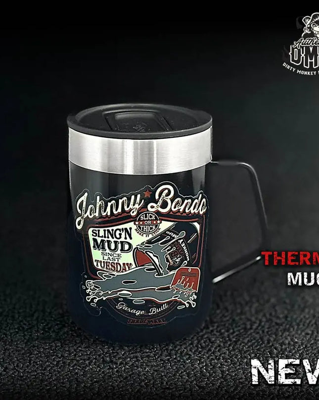 Johnny Bondo - Insulated Shop Mug (14oz) - Dirty Monkey Kustoms GearHead Apparel