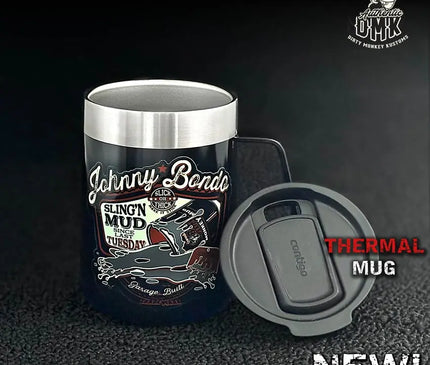 Johnny Bondo - Insulated Shop Mug (14oz) - Dirty Monkey Kustoms GearHead Apparel