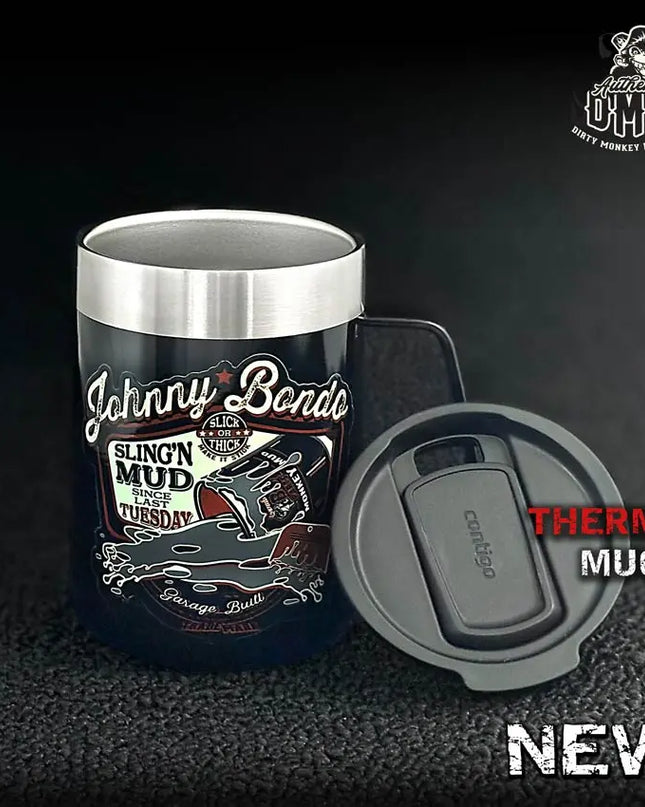 Johnny Bondo - Insulated Shop Mug (14oz) - Dirty Monkey Kustoms GearHead Apparel