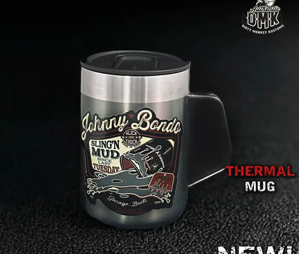 Johnny Bondo - Insulated Shop Mug (14oz) - Dirty Monkey Kustoms GearHead Apparel