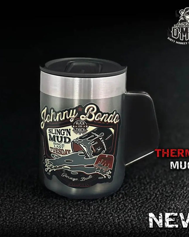 Johnny Bondo - Insulated Shop Mug (14oz) - Dirty Monkey Kustoms GearHead Apparel
