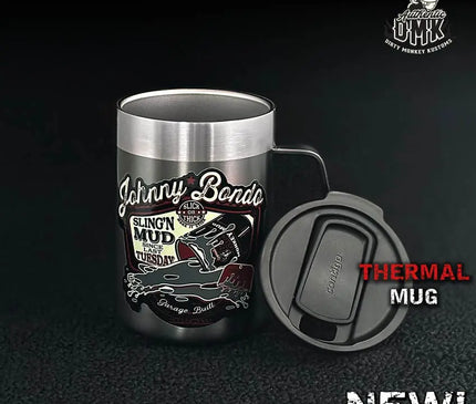 Johnny Bondo - Insulated Shop Mug (14oz) - Dirty Monkey Kustoms GearHead Apparel