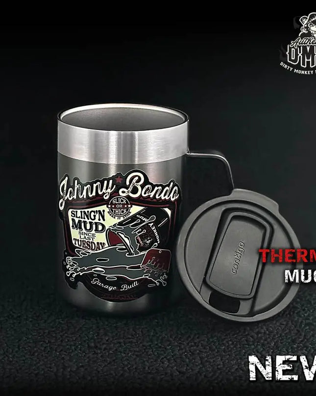 Johnny Bondo - Insulated Shop Mug (14oz) - Dirty Monkey Kustoms GearHead Apparel