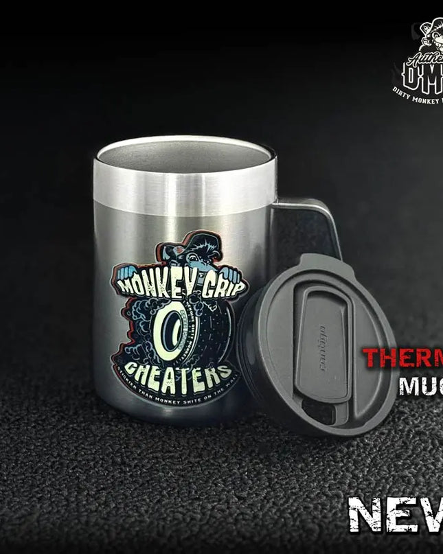 Monkey Grip - Insulated Shop Mug (14oz) - Dirty Monkey Kustoms GearHead Swag