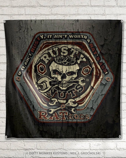 "RUSTY NUTS RAT RODS" garage sign print