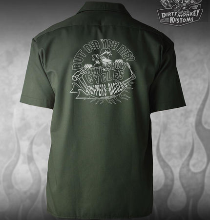 Green work shirt with graphic design on the back, featuring 'Dirty Monkey Kustoms' branding.