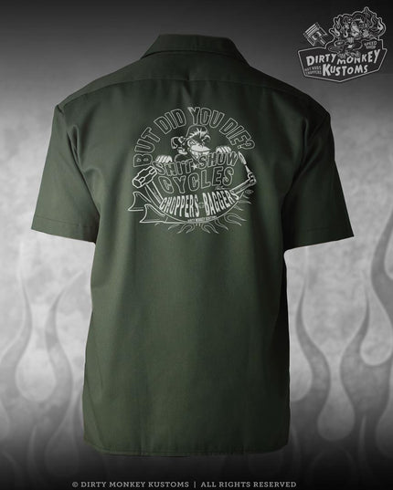 Green work shirt with graphic design on the back, featuring 'Dirty Monkey Kustoms' branding.