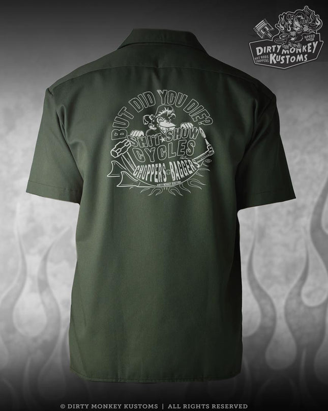 Green work shirt with graphic design on the back, featuring 'Dirty Monkey Kustoms' branding.
