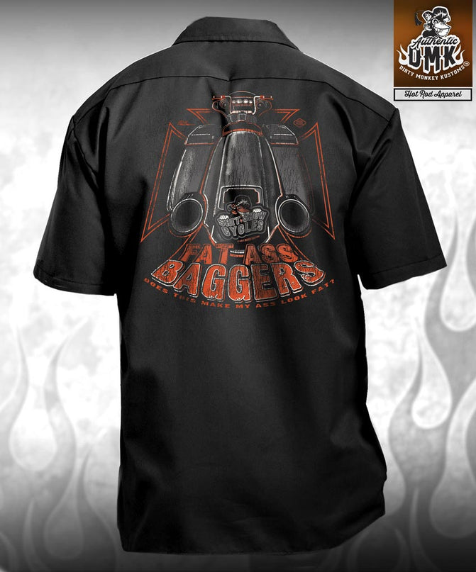 FAT ASS BAGGERS - biker mechanic shirt Dirty Monkey Kustoms