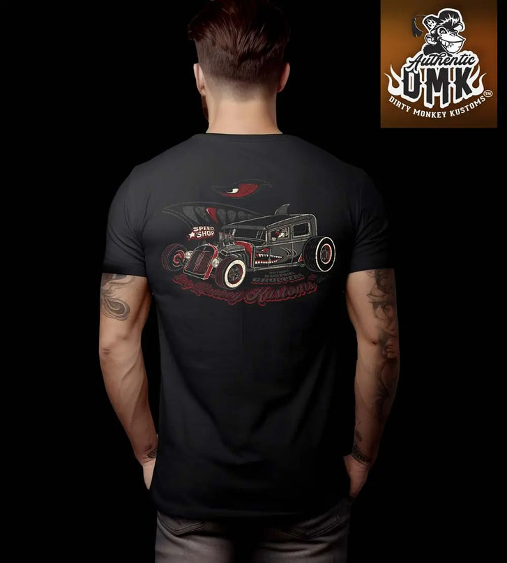 A person wearing a black t-shirt with a vintage WWII P40 fighter plane nose art inspired rat rod design.