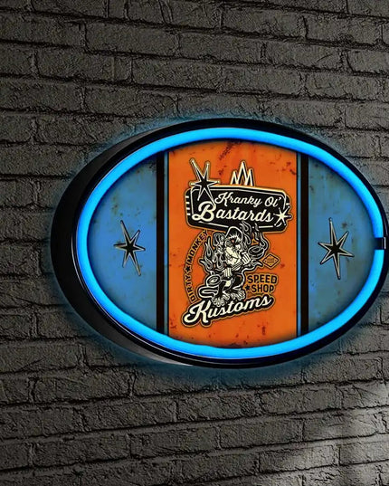 Kranky Ol Bastards Striped LED/Neon Blue Wall Sign BadAss Garage