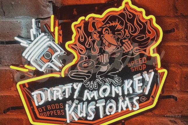 Dirty Monkey Kustoms 18" Handcrafted Neon Sign - Vibrant Glass Tube Hot Rod Art for Bar & Man Cave