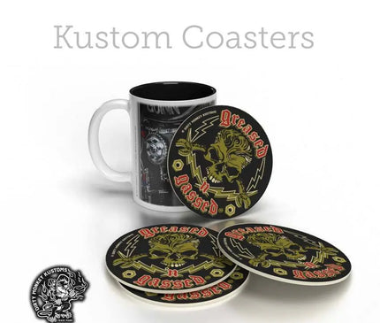 "Greased N Gassed" HotRod Rockabilly Drink Coasters - Dirty Monkey Kustoms USA GearHead Apparel - USA