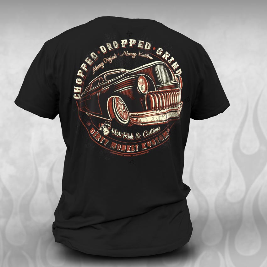 DMK Chopped '49 Merc Hot Rod t shirt - Dirty Monkey Kustoms USA GearHead Apparel - USA