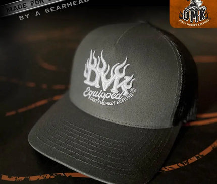 DMK Equipped - flamed car guy embroidered hat - Dirty Monkey Kustoms USA GearHead Apparel - USA