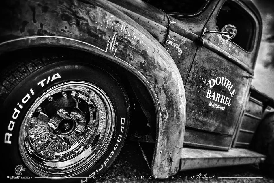 "Double Barrel" B/W Hot Rod photo print - Dirty Monkey Kustoms USA GearHead Apparel - USA