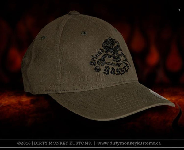GGG Rockabilly Skull - Olive color Flex Fit hat - Dirty Monkey Kustoms USA  GearHead Apparel