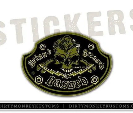 "Grinn'n Greased 'n Gassed" Skull - Sticker - Dirty Monkey Kustoms USA GearHead Apparel - USA