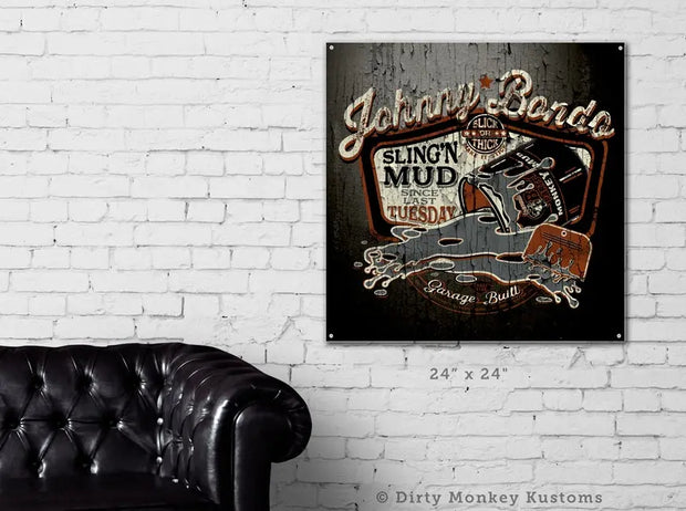Johnny Bondo garage sign vinyl print - Dirty Monkey Kustoms USA GearHead Apparel - USA