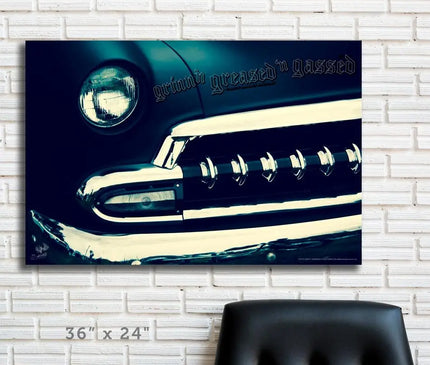 Kustom " '54 Chev Blue Boy" original Hot Rod photo garage art banner - Dirty Monkey Kustoms USA GearHead Apparel - USA