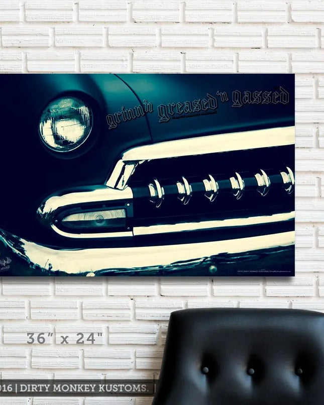 Kustom " '54 Chev Blue Boy" original Hot Rod photo garage art banner - Dirty Monkey Kustoms USA GearHead Apparel - USA