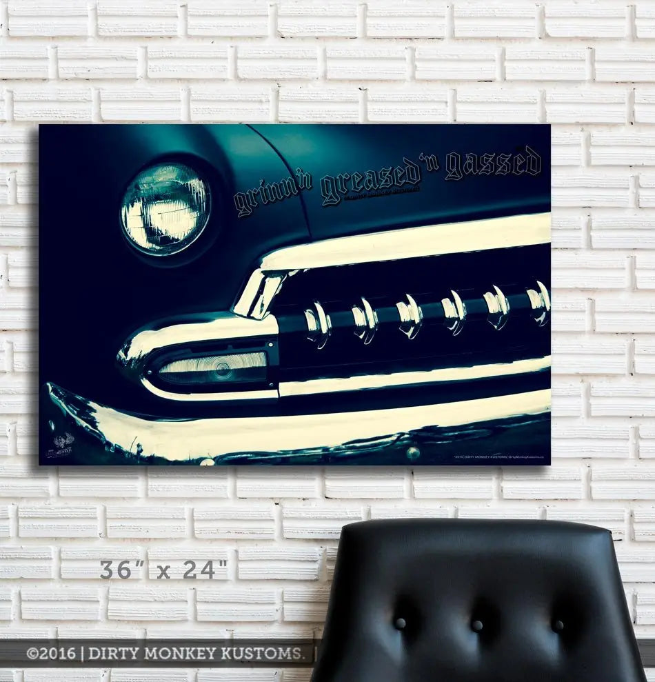 Kustom " '54 Chev Blue Boy" original Hot Rod photo garage art banner - Dirty Monkey Kustoms USA GearHead Apparel - USA