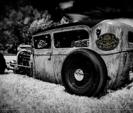 "Low Boy" Rat Rod '29 Ford garage art banner - Dirty Monkey Kustoms Canadian GearHead Shirts & Apparel - Canada