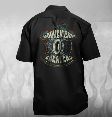 Monkey Grip Cheater Slicks hot rod mechanic shirt - Dirty Monkey Kustoms USA GearHead Apparel - USA