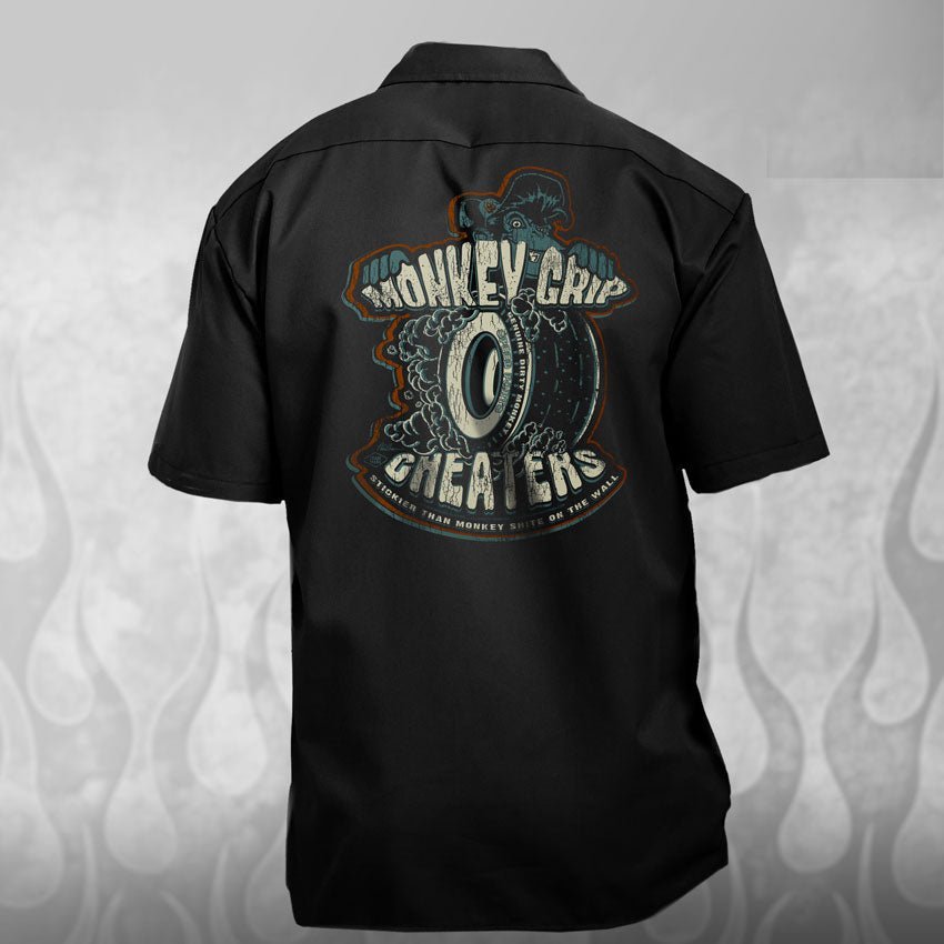 Monkey Grip Cheater Slicks hot rod mechanic shirt - Dirty Monkey Kustoms USA GearHead Apparel - USA