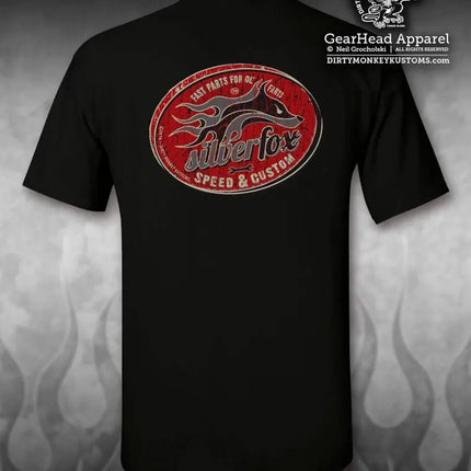 "Silver Fox" hot rod t shirt. Black / Vintage Red - Dirty Monkey Kustoms USA GearHead Apparel - USA