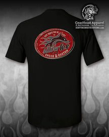 "Silver Fox" hot rod t shirt. Black / Vintage Red - Dirty Monkey Kustoms USA GearHead Apparel - USA
