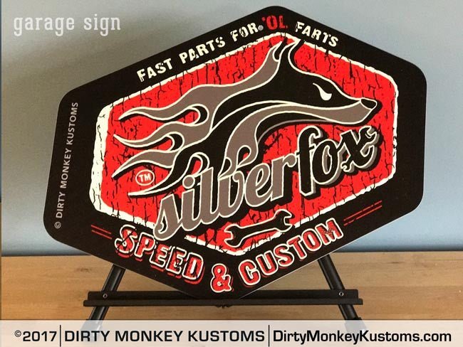 "Silver Fox" Retro black garage art sign - Dirty Monkey Kustoms USA GearHead Apparel - USA