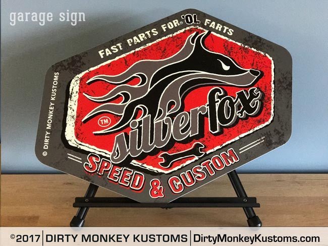"Silver Fox" Retro Grey garage art sign - Dirty Monkey Kustoms USA GearHead Apparel - USA