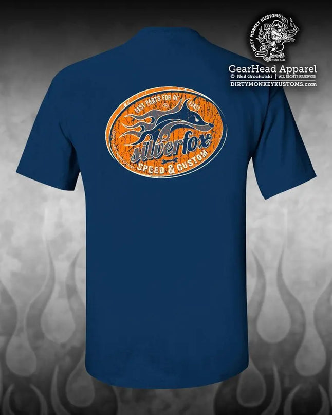 "Silver Fox" Speed & Custom t shirt. Blue / Retro Orange - Dirty Monkey Kustoms USA GearHead Apparel - USA