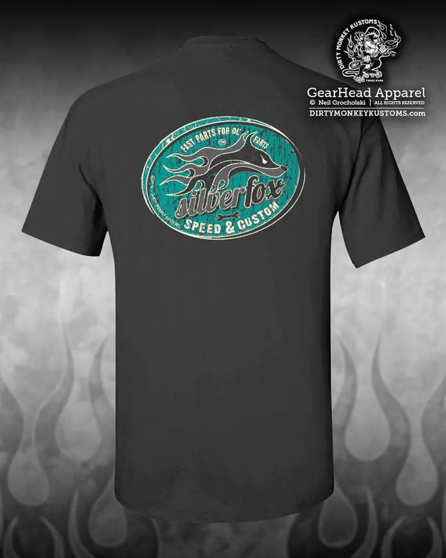 "Silver Fox Speed & Custom" t shirt. Charcoal / Retro Teal - Dirty Monkey Kustoms USA GearHead Apparel - USA