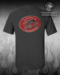 "Silver Fox" Speed & Custom t shirt. Charcoal / Vintage Red - Dirty Monkey Kustoms USA GearHead Apparel - USA