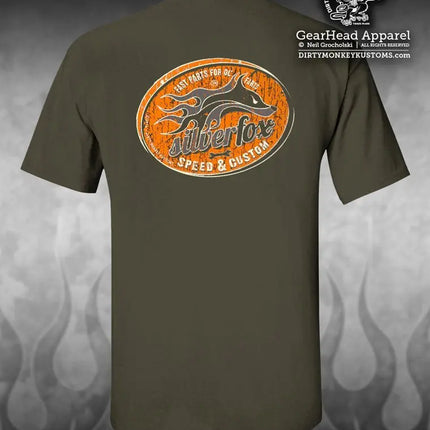 "Silver Fox" Speed & Custom t shirt. Sand / Retro Orange - Dirty Monkey Kustoms USA GearHead Apparel - USA