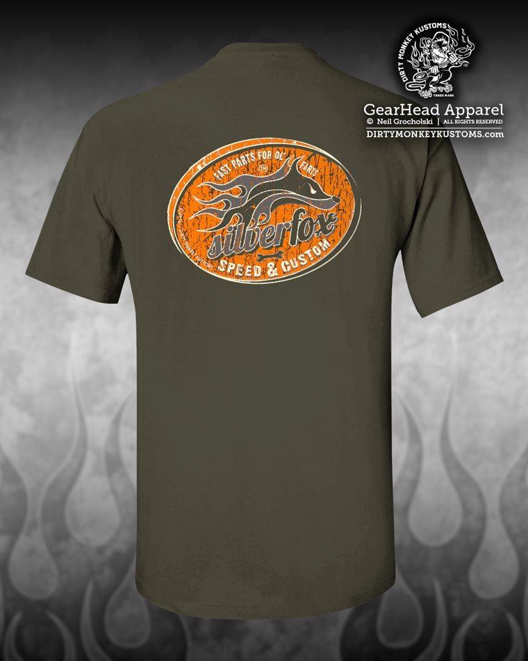 "Silver Fox" Speed & Custom t shirt. Sand / Retro Orange - Dirty Monkey Kustoms USA GearHead Apparel - USA